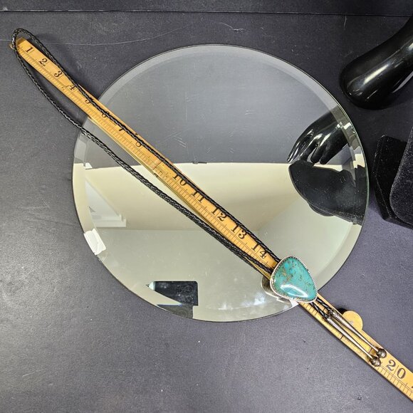 Navajo Turquoise On Silver BOLO Tie Hallmarked K E E with Sterling 925 Tips KEE - Picture 11 of 16